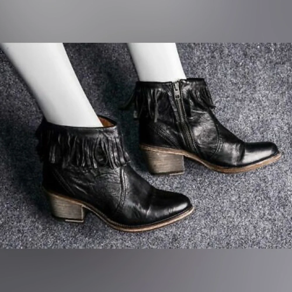All Saints -“Bonny Cuban” black fringe leather booties